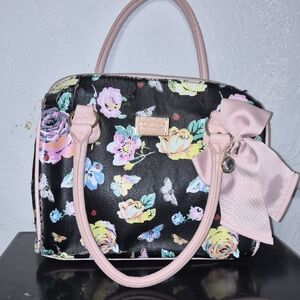 Betsey Johnson Black Floral Satchel with Pink Handles & Bow